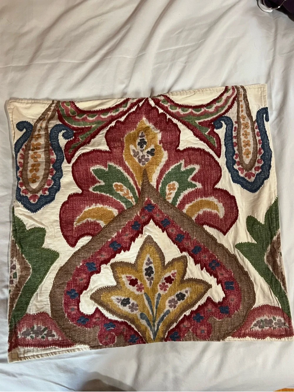 Pottery Barn Embroidered Boho Pillow Cover in Cream, Red, Green & Mustard